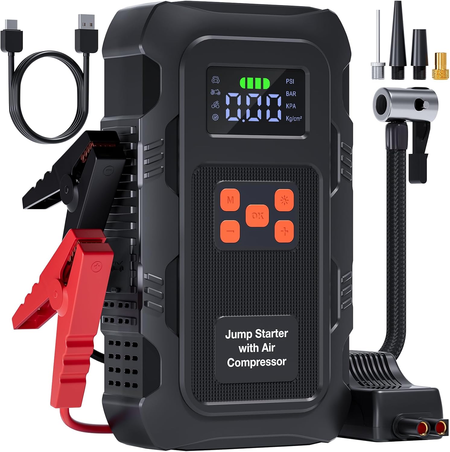 HPBS 5000A portable car battery jump starter with 150 PSI air compressor in orange
